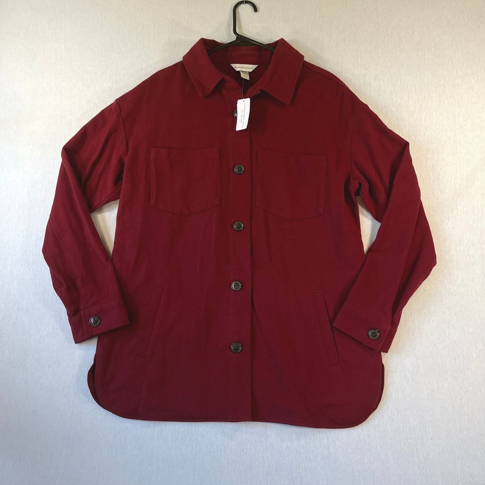 NEW Christopher & Banks Womens L Burgundy Button Front Shacket Jacket Pocket NWT